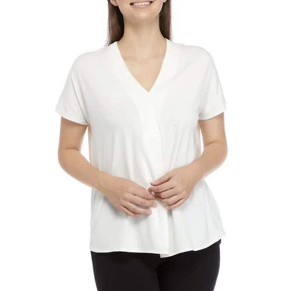 Calvin Klein Women's White Short‎ Sleeve Drape Neck Blouse Top - Size XL